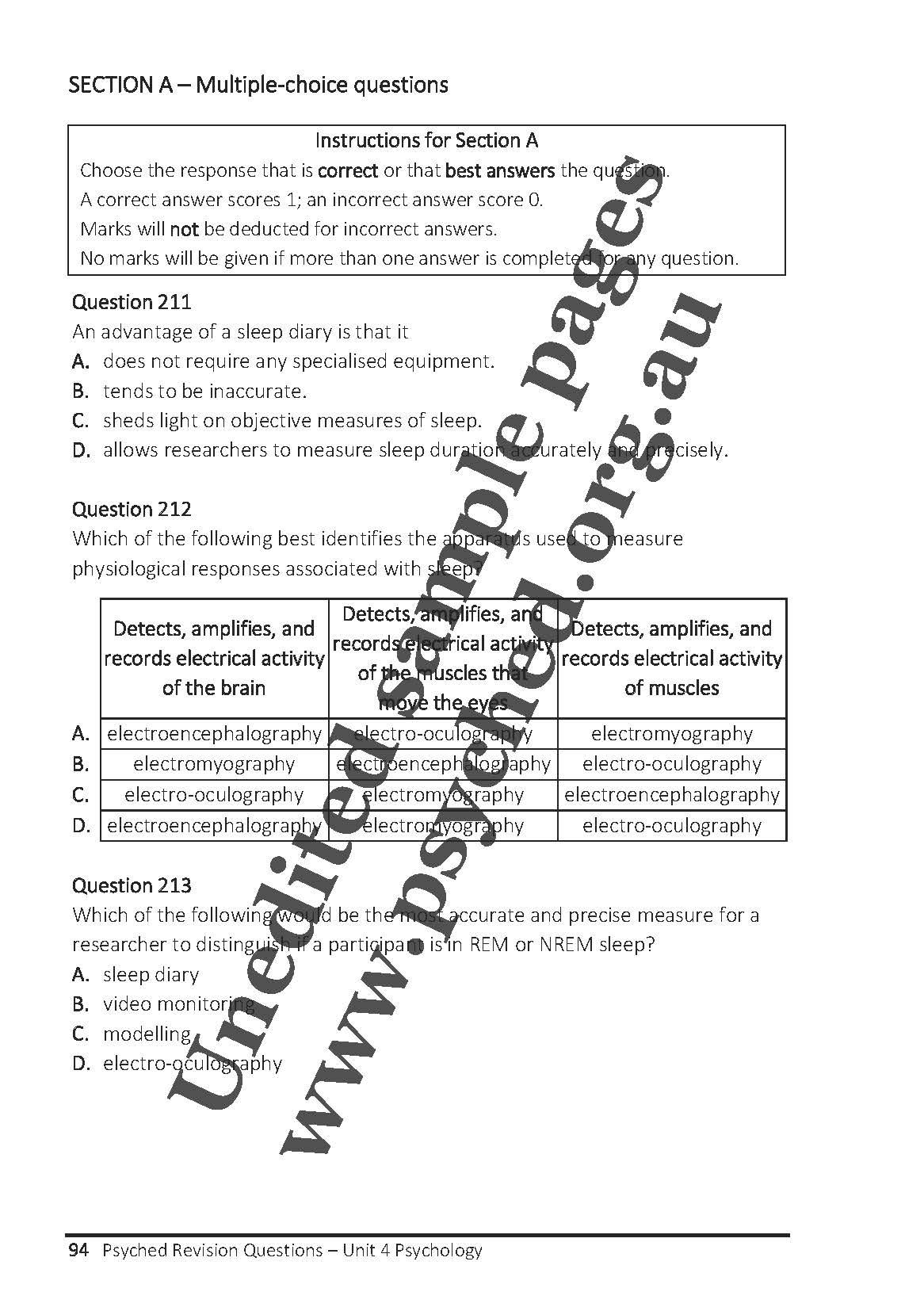 Psyched Revision Questions Book - Unit 4 Psychology Edition 1